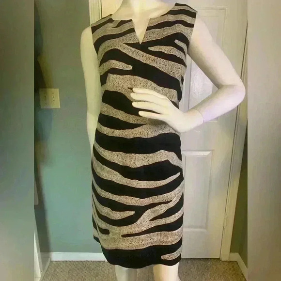 Michael Kors sleeveless 100% linen print zebra dress size 8 Black Beige. #301 - Picture 1 of 12